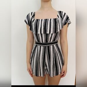 Blue Rain Black & White Striped Square-Neck Romper